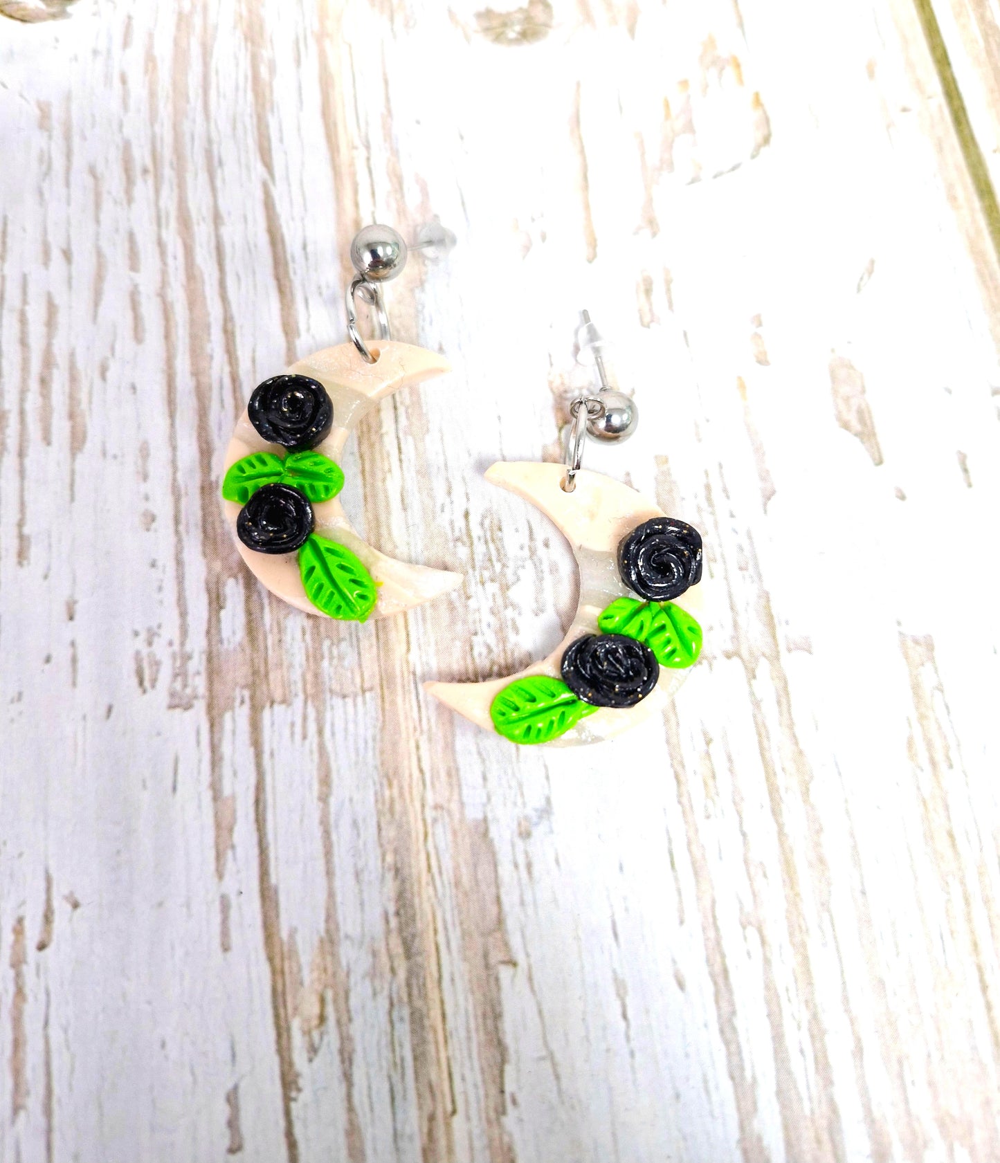 Crescent Cream Black Rose Polymer Clay Dangle Earrings