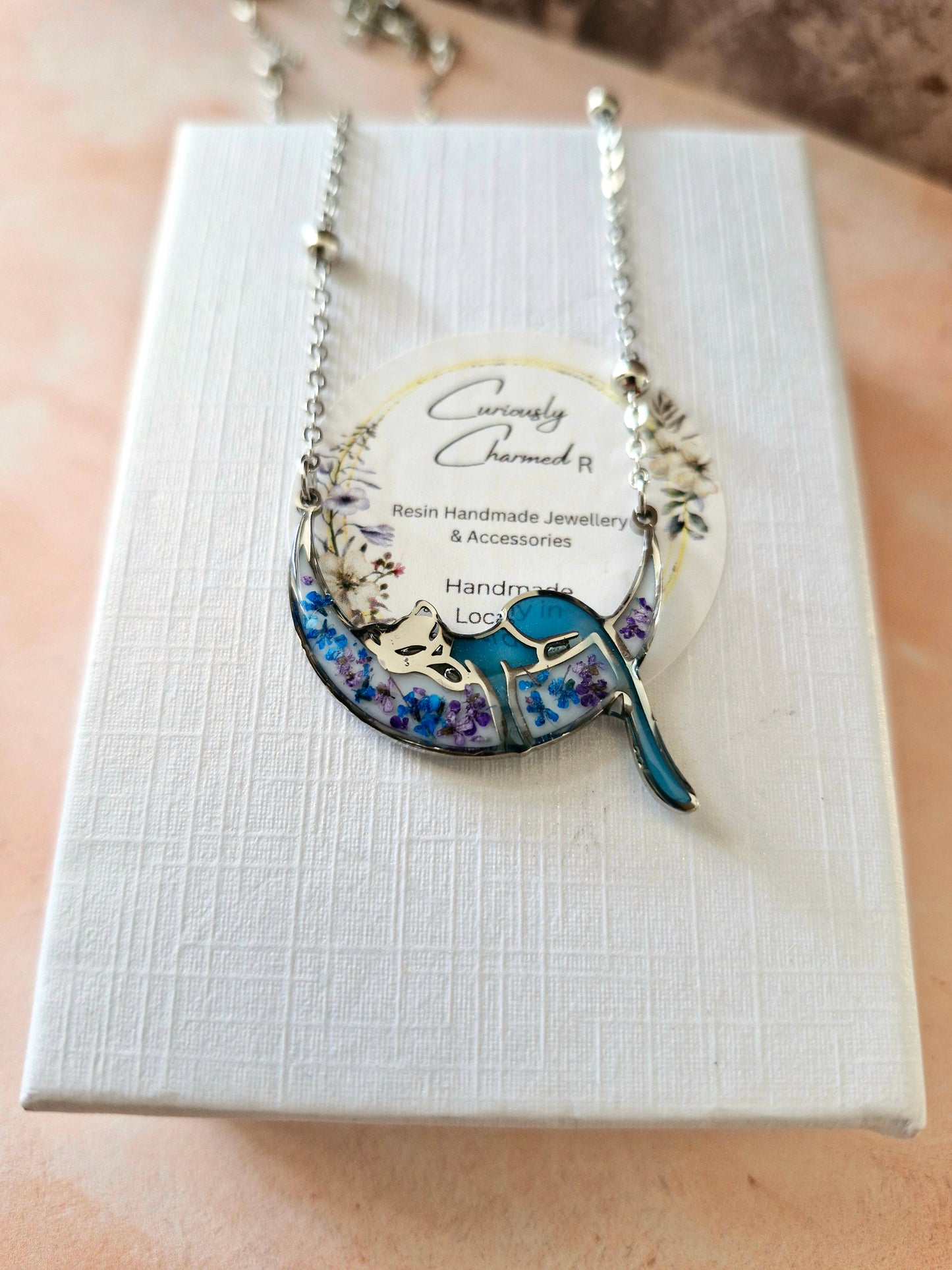Cat on Moon Floral Necklace