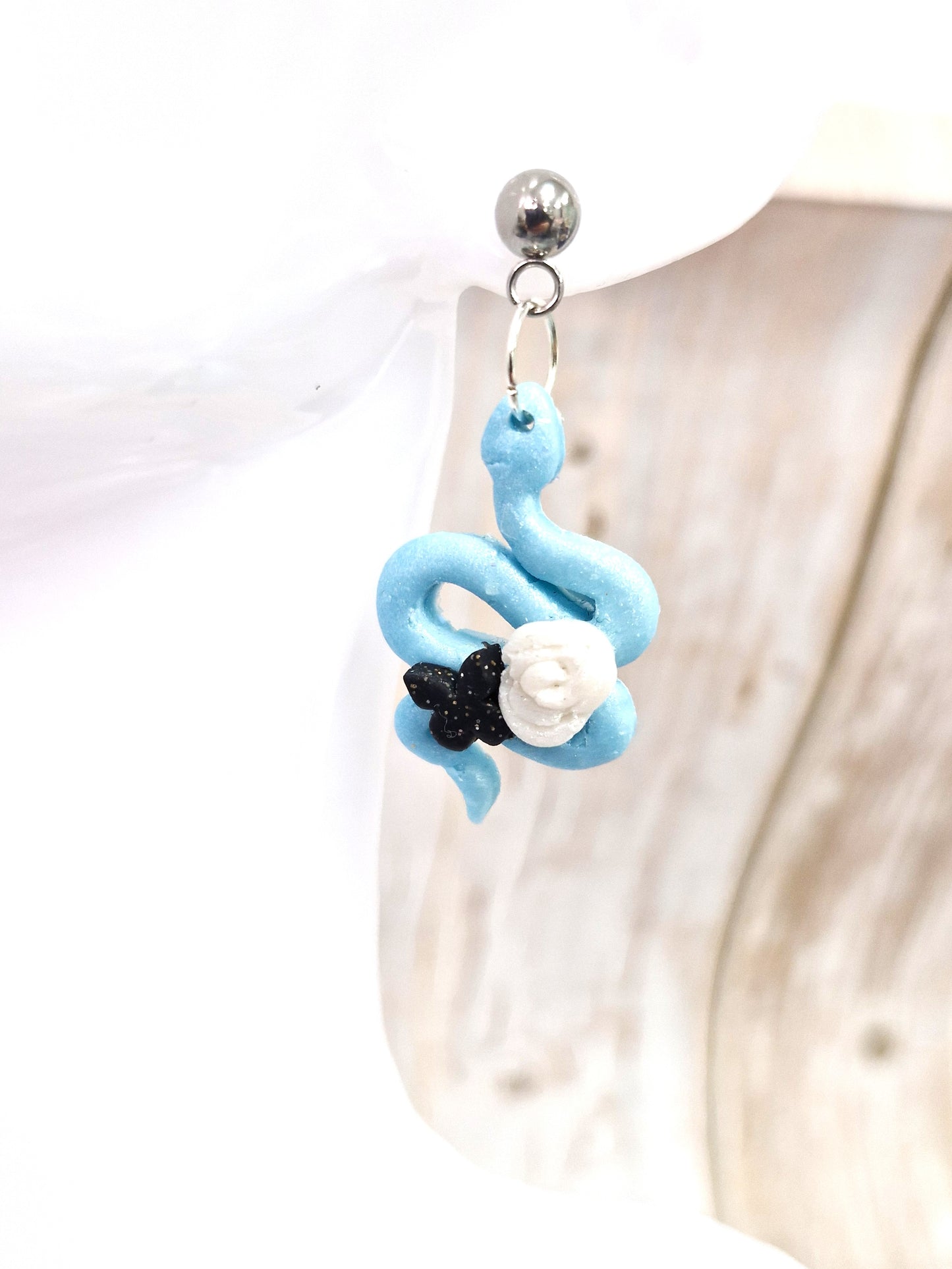 Light Blue Snake with rose and butterfly Polymer Dangle Earrings