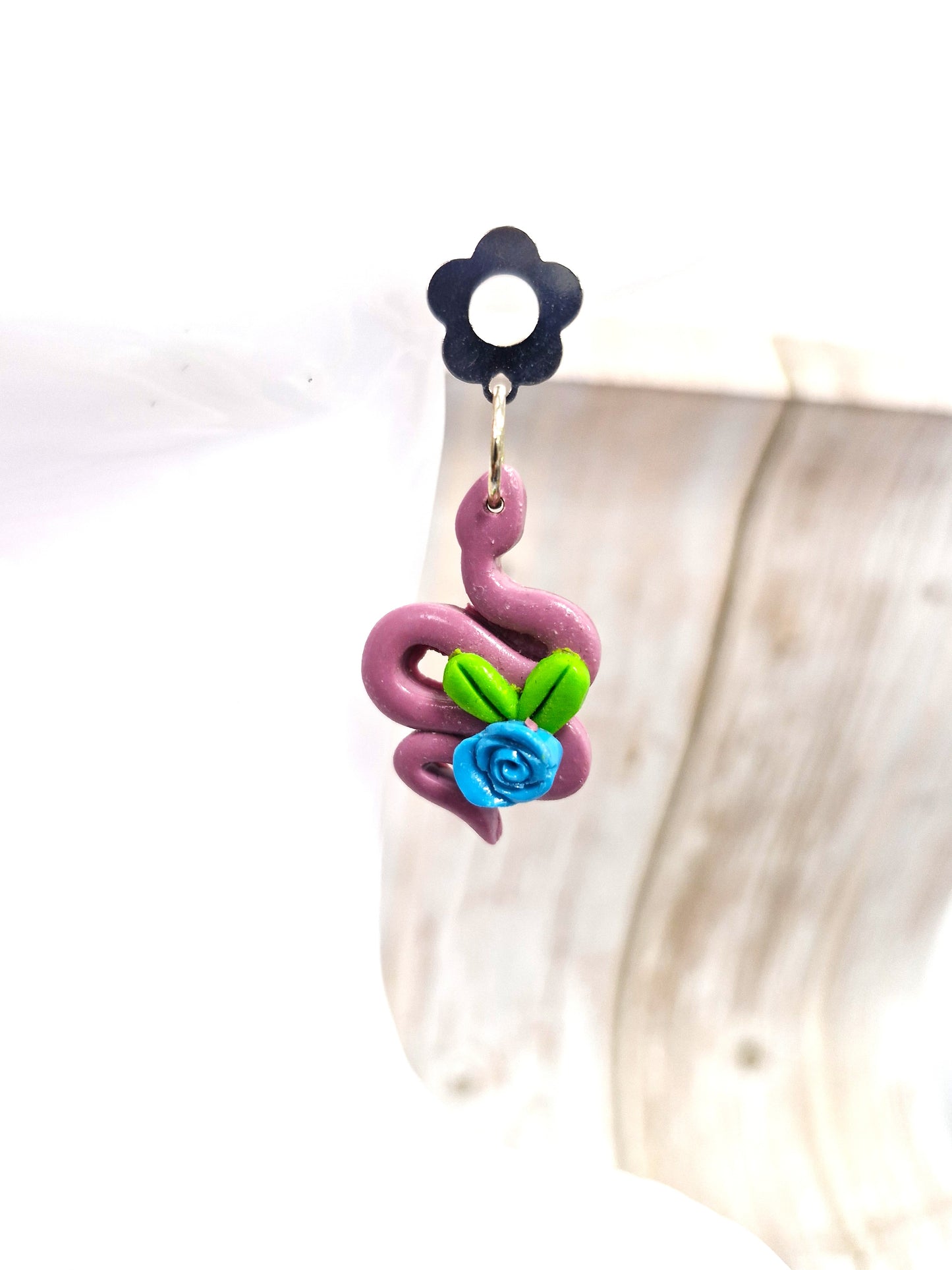 Plum Snake Blue Rose Polymer Clay Dangle Earrings