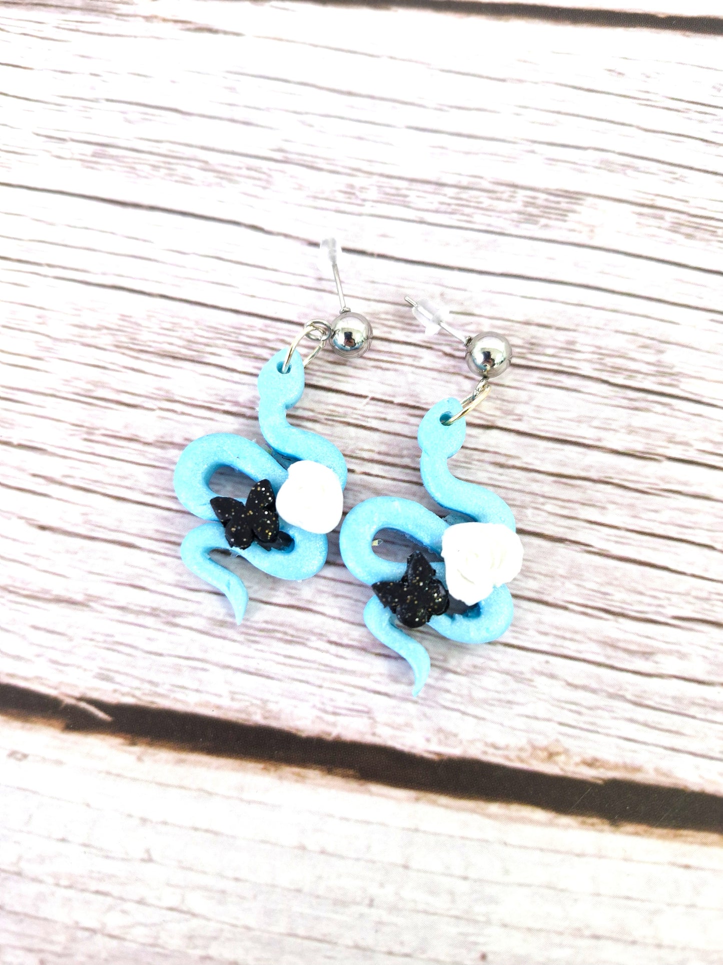 Light Blue Snake with rose and butterfly Polymer Dangle Earrings