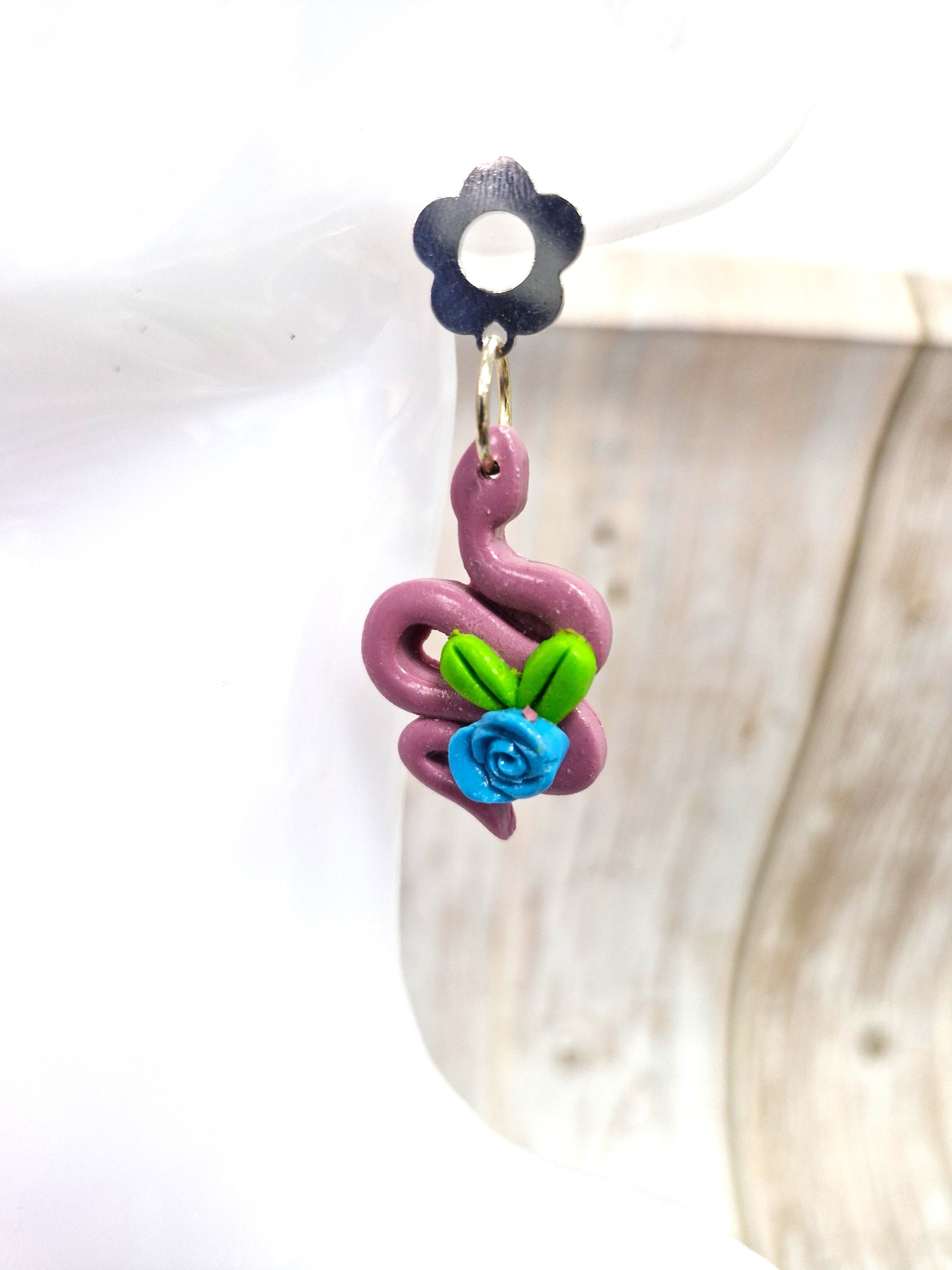 Plum Snake Blue Rose Polymer Clay Dangle Earrings