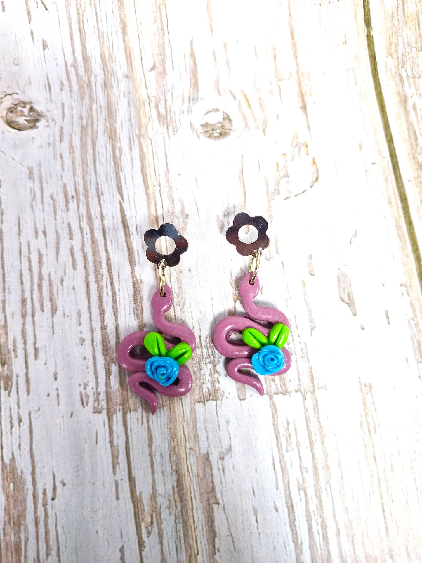 Plum Snake Blue Rose Polymer Clay Dangle Earrings