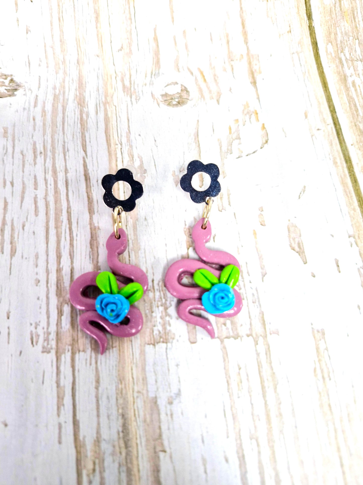 Plum Snake Blue Rose Polymer Clay Dangle Earrings