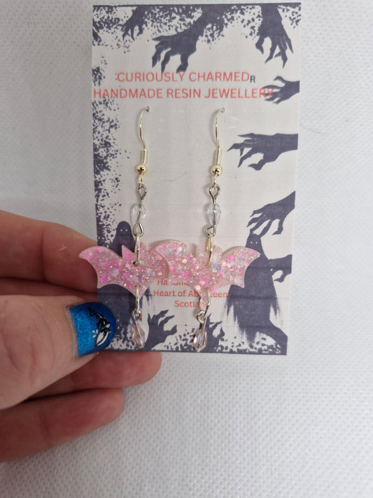 Glitter Pink Bat Dangle Earrings