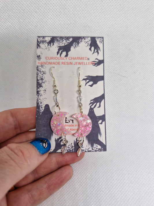 Glitter Pink Crescent Moon Dangle Earrings