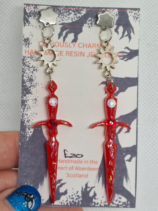 Long Red Glitter Sword Dangle Earrings