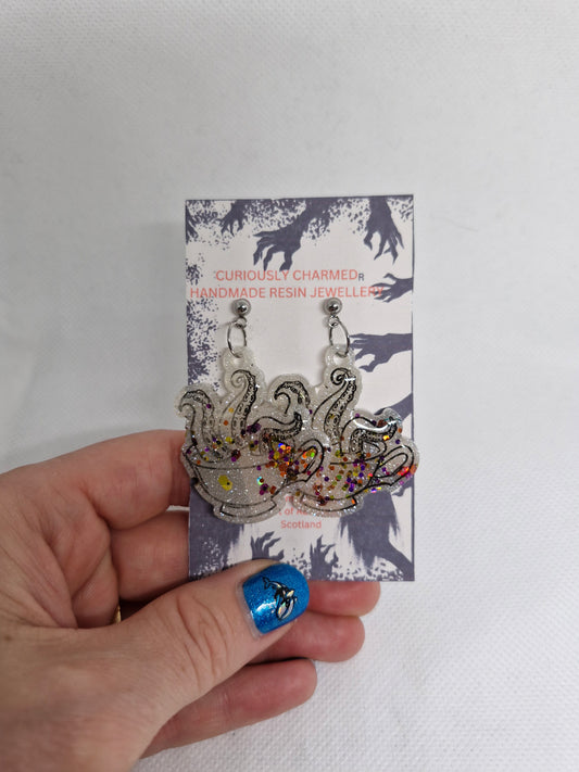 Kraken In a Cup dangle holographic white glitter dangle earrings