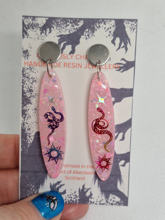 Large Pink Glitter Oblong Spider and sun Dangle Earrings