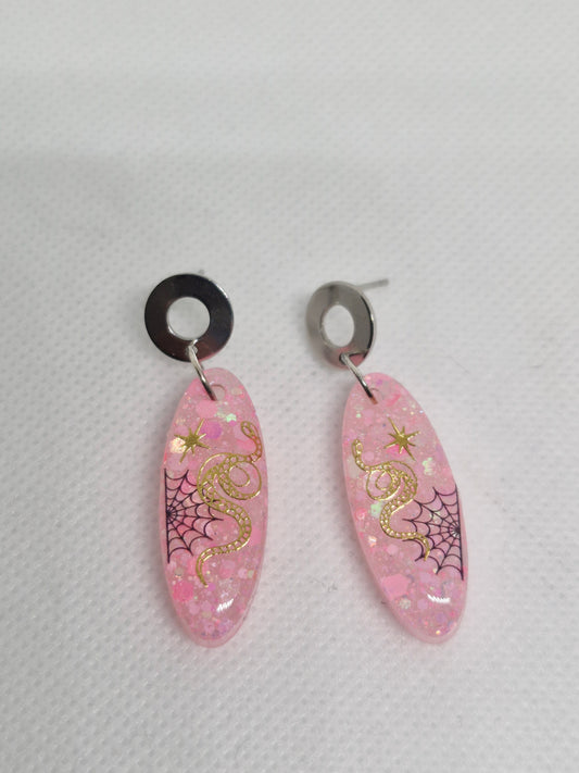 Pink Glitter Oblong Snake and spiderweb Dangle Earrings