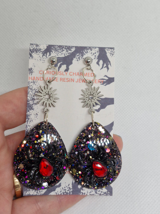 Large Statement Black Glitter Teardrop Spider Dangle Earrings