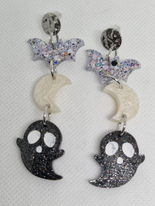 Cute Bat, Moon and Ghost Glitter Dangle Earrings