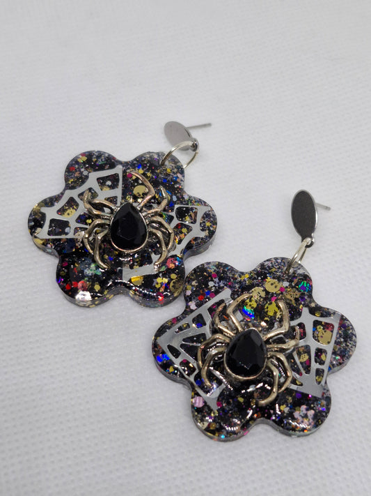 Black Glitter Mix Daisy Shaped Spider Dangle Earrings