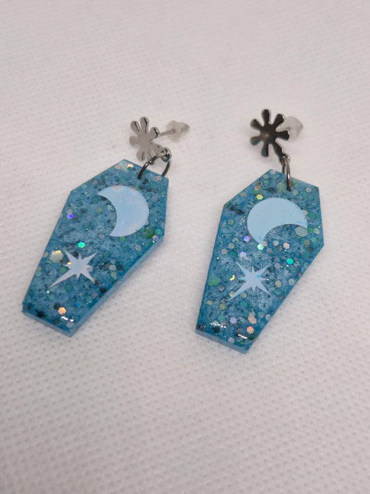 Blue Glitter Coffin and star dangle earrings