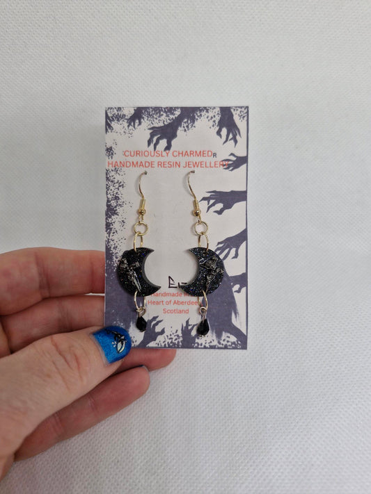 Small Black Glitter Moon Dangle Earrings