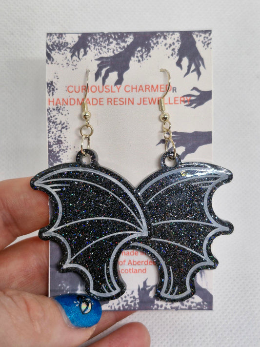 Black Glitter Bat Wing Dangle Earrings