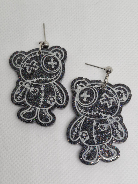 Black Glitter Voodoo Teddy Bear Dangle Earrings