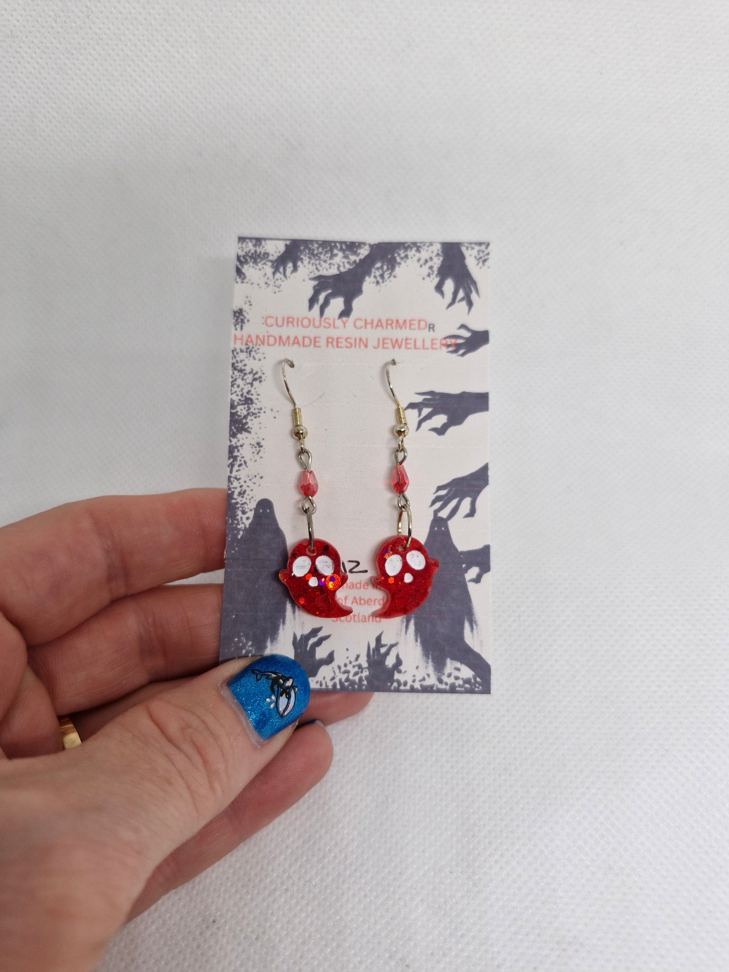 Teeny Tiny Red Glitter Dangle Ghost Earrings
