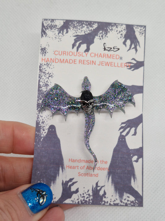 Large Blue Glitter Dragon Brooch with Crystal Skull Charm