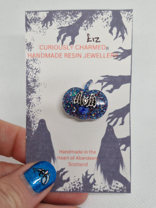 Small Blue Glitter Pumpkin Brooch with small Gothic Bat Charm