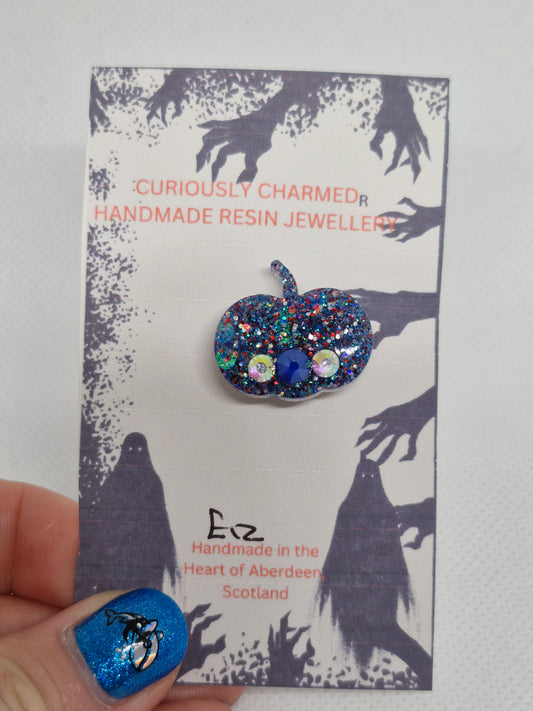 Small Blue Glitter Pumpkin Brooch