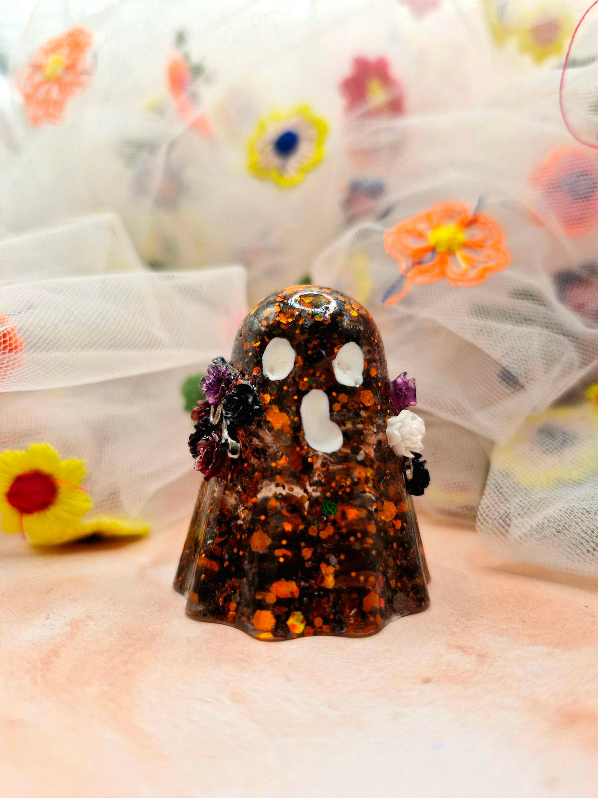 Halloween Orange and Black Chunky Glitter Resin Ghostie