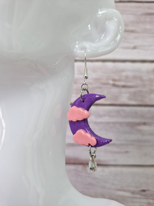 Blue Crescent Moon & Cloud Polymer Clay Dangle Earring