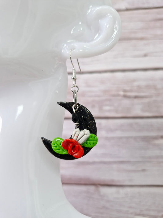 Black Crescent Moon with Rose Polymer Clay Dangle Earring