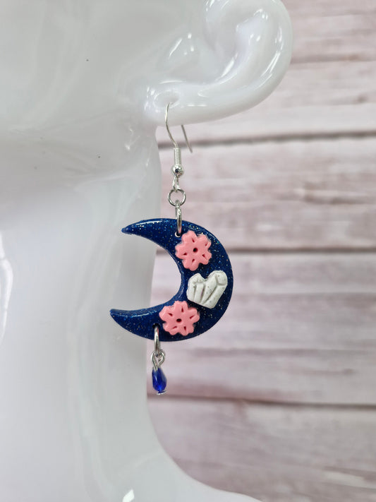 Blue Crescent Moon with Delicate Sakura Flowers and Crystal Dangle Earrings