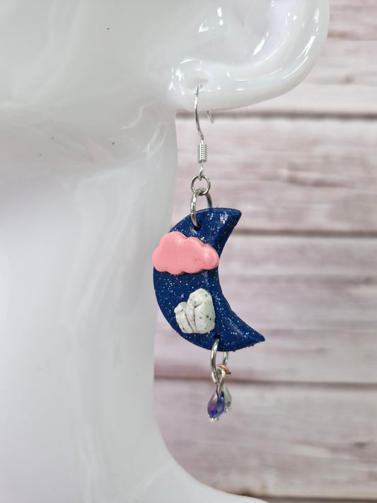 Dark Blue Crescent Moon Cloud and Crystal Polymer Clay Dangle Earrings