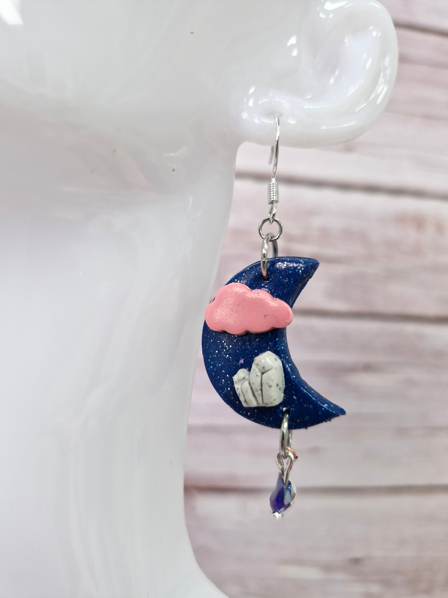 Dark Blue Crescent Moon Cloud and Crystal Polymer Clay Dangle Earrings