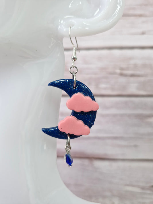 Dark Blue Crescent Moon and Cloud with Crystal Dangle Earrings