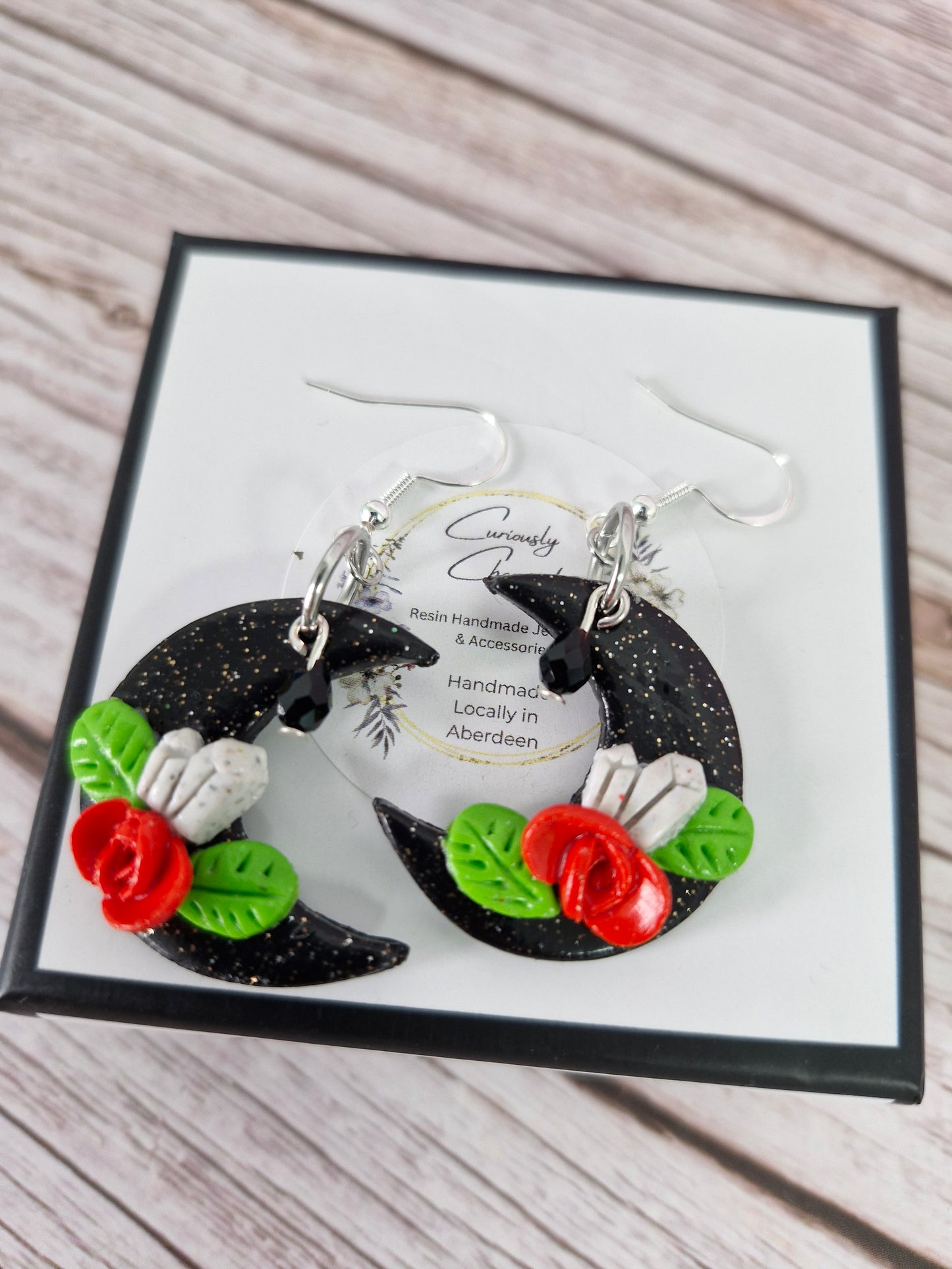 Black Crescent Moon with Rose Polymer Clay Dangle Earring