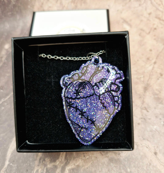 Resin Glitter Anamitomical Heart Necklace