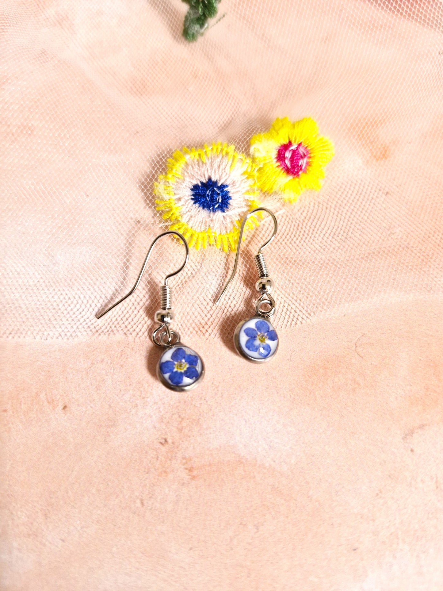 Extra Small Round Forget Me Not Dangle Earrings