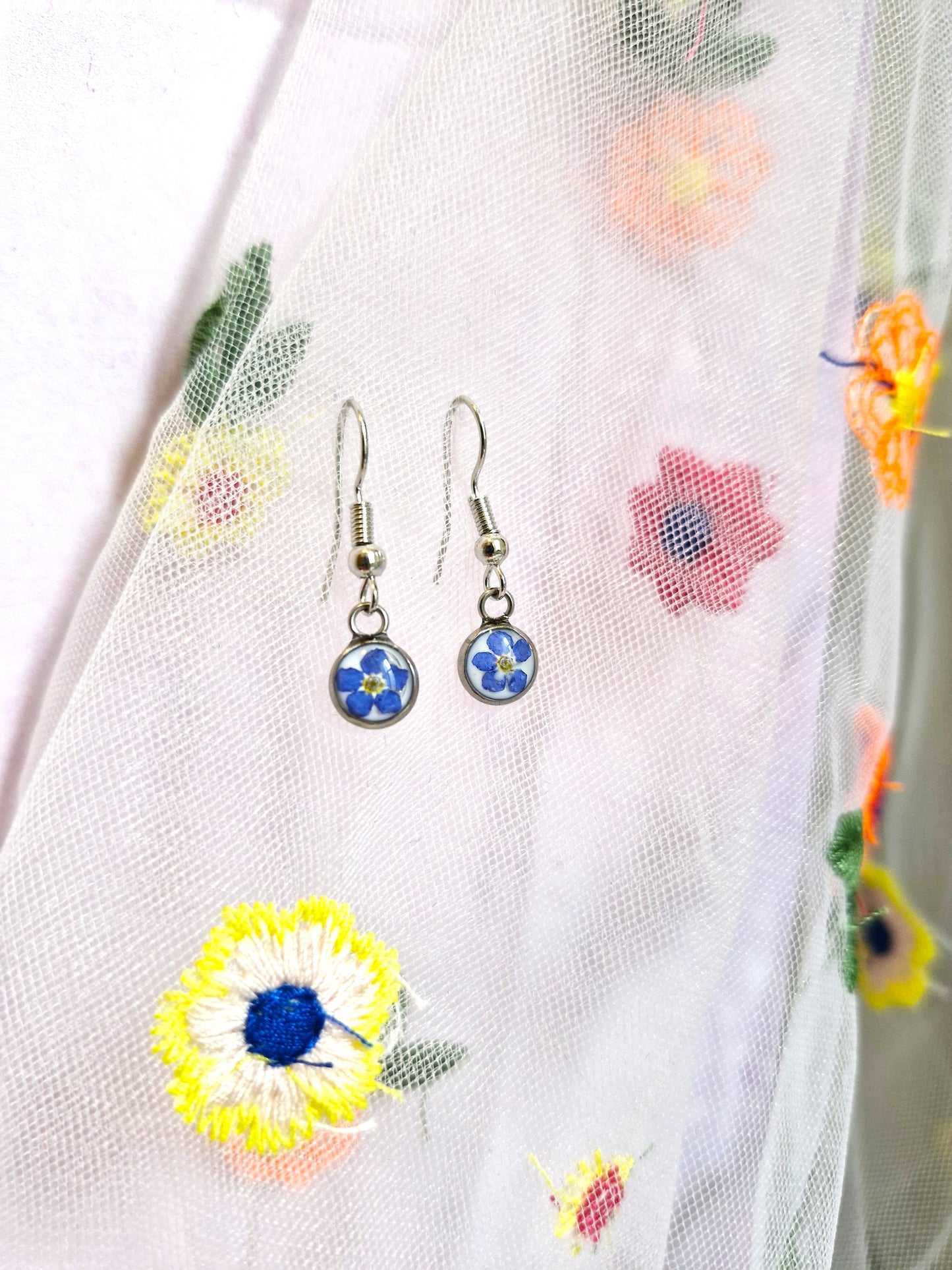 Extra Small Round Forget Me Not Dangle Earrings
