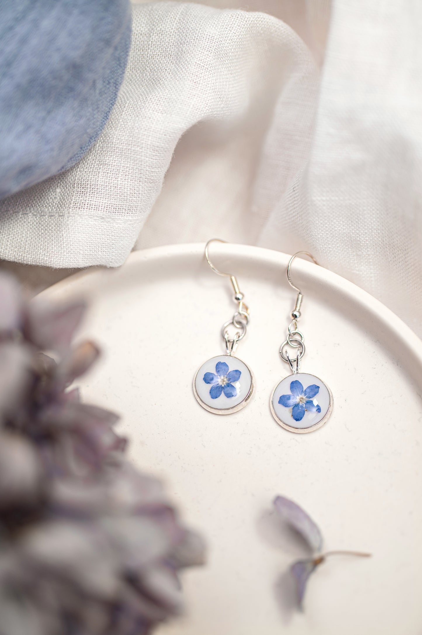 Round Single Forget Me Not Real Dried Flower Earrings