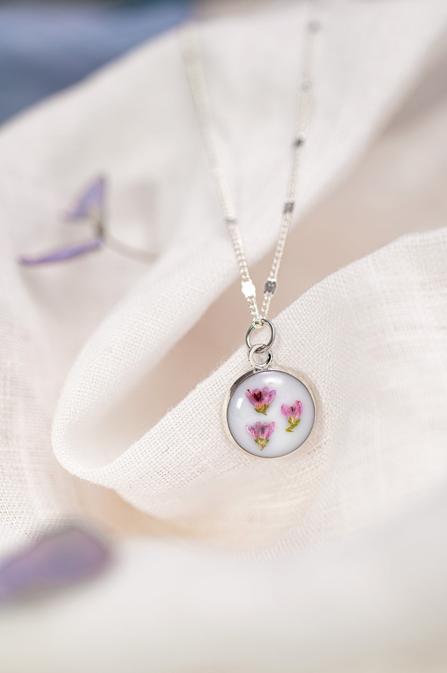 Round Real Dried Heather Petal Necklace