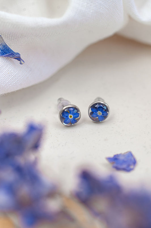 Preserved Micro Forget Me Not Resin Stud Earrings
