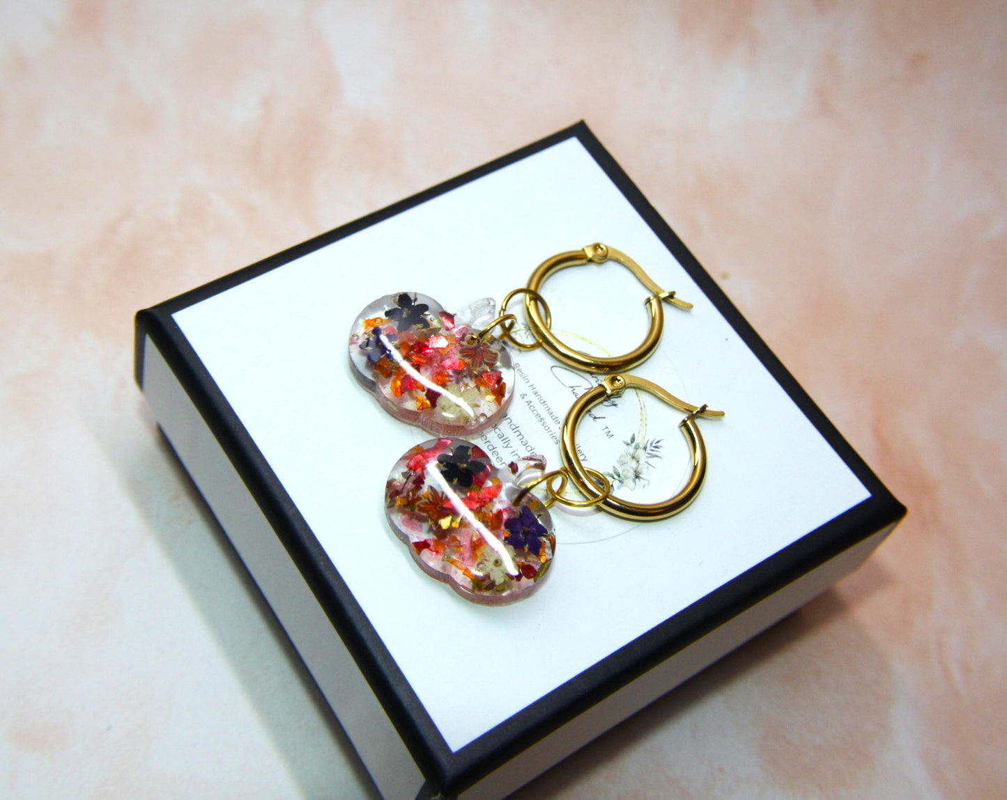 Gold Pumpkin Real Dried Elderflower Dangle Earring