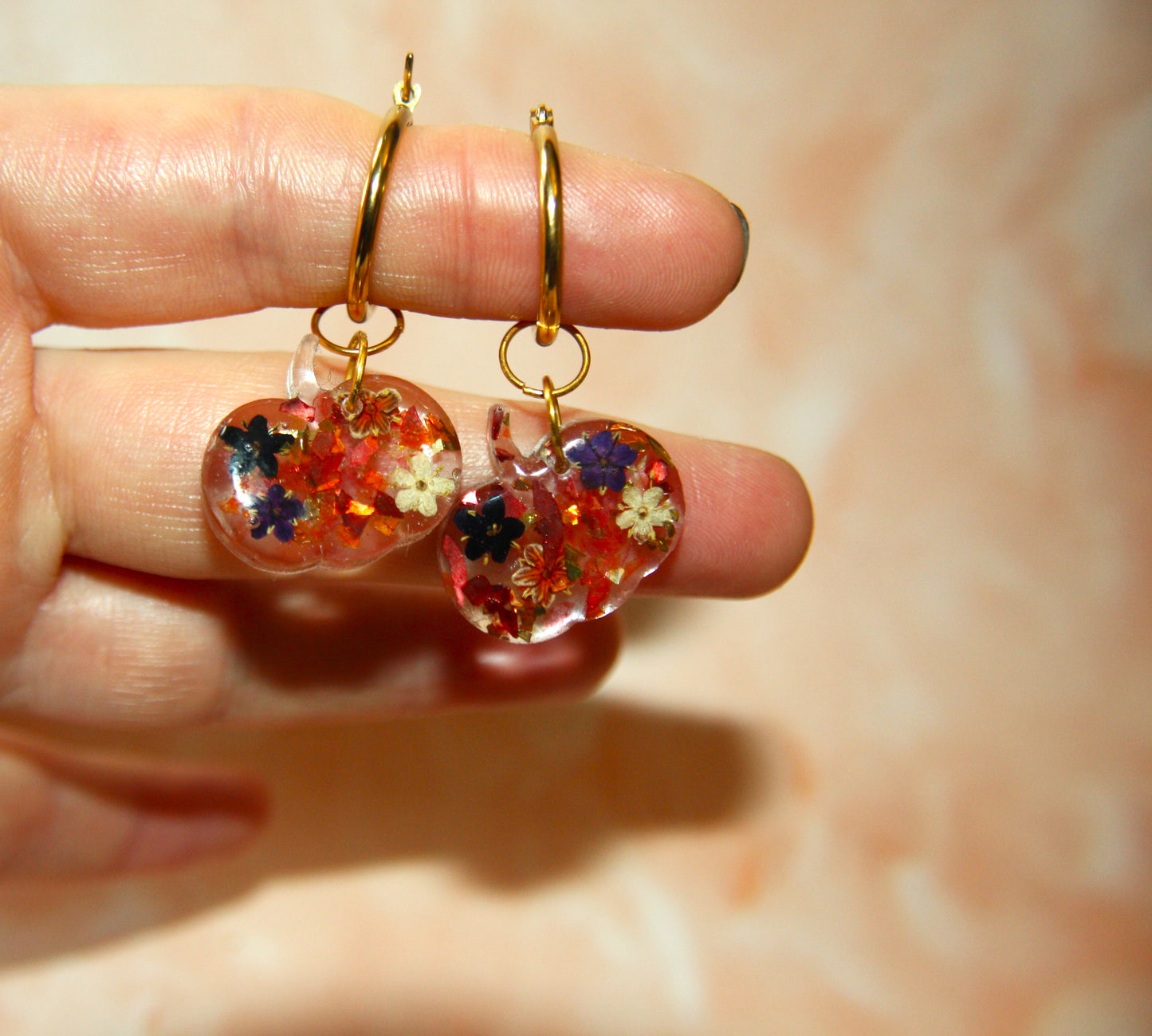 Gold Pumpkin Real Dried Elderflower Dangle Earring