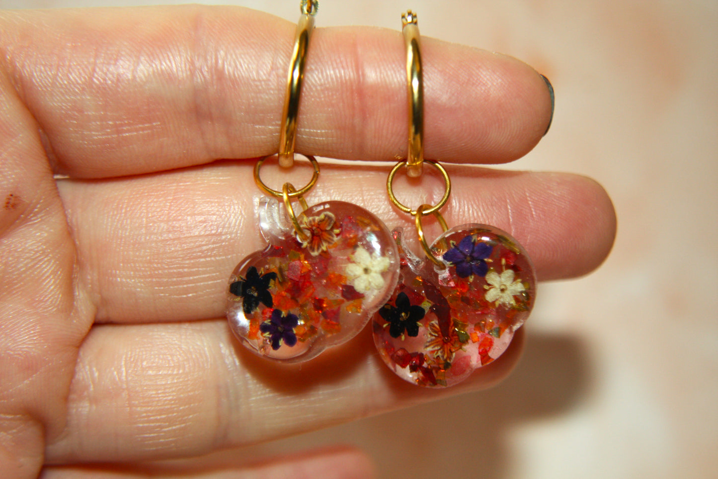 Gold Pumpkin Real Dried Elderflower Dangle Earring