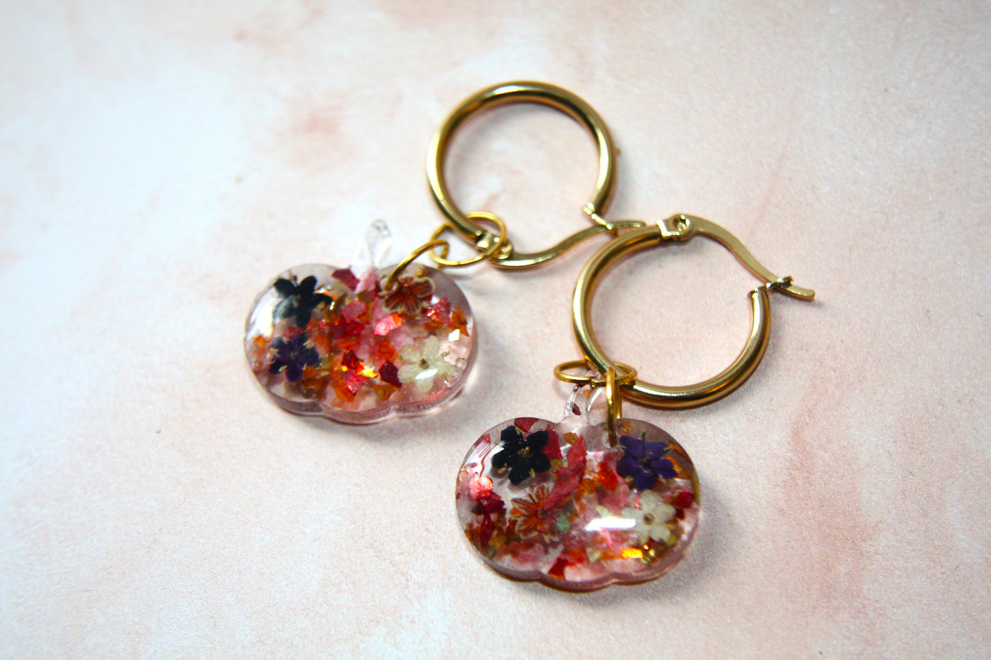 Gold Pumpkin Real Dried Elderflower Dangle Earring