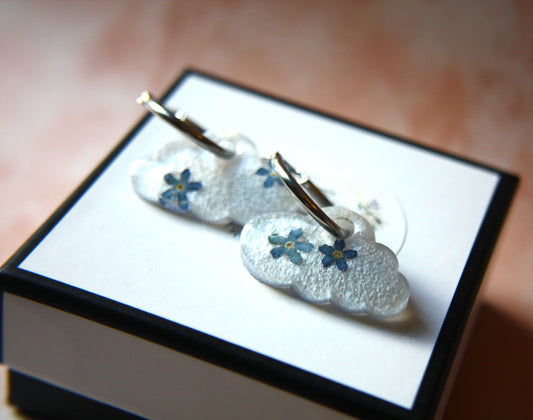 Cloud Real Flower Forget Me not Hoop Dangle Earrings