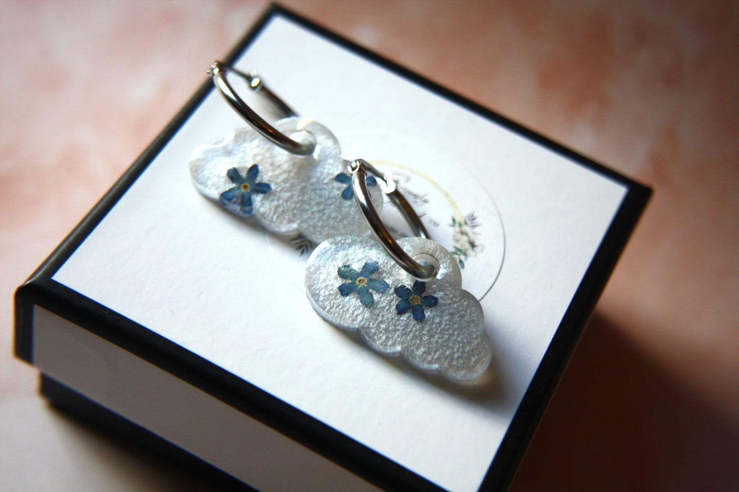Cloud Real Flower Forget Me not Hoop Dangle Earrings