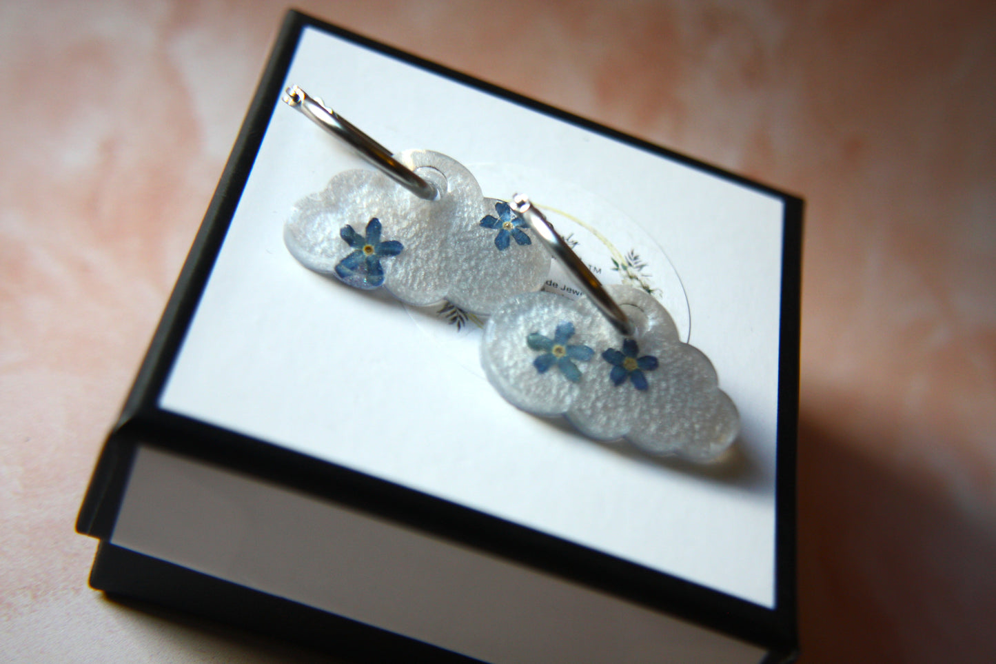 Cloud Real Flower Forget Me not Hoop Dangle Earrings