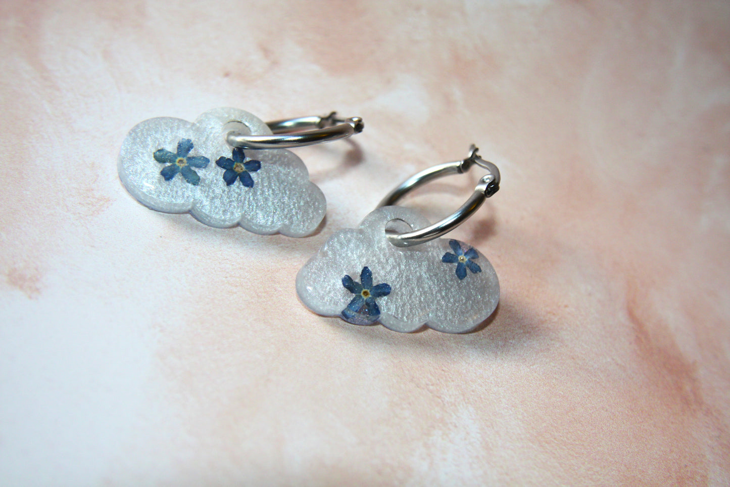 Cloud Real Flower Forget Me not Hoop Dangle Earrings
