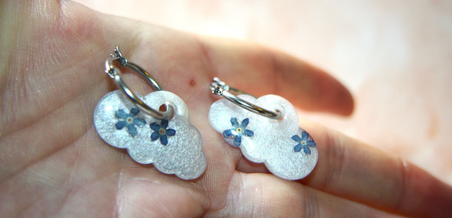 Cloud Real Flower Forget Me not Hoop Dangle Earrings