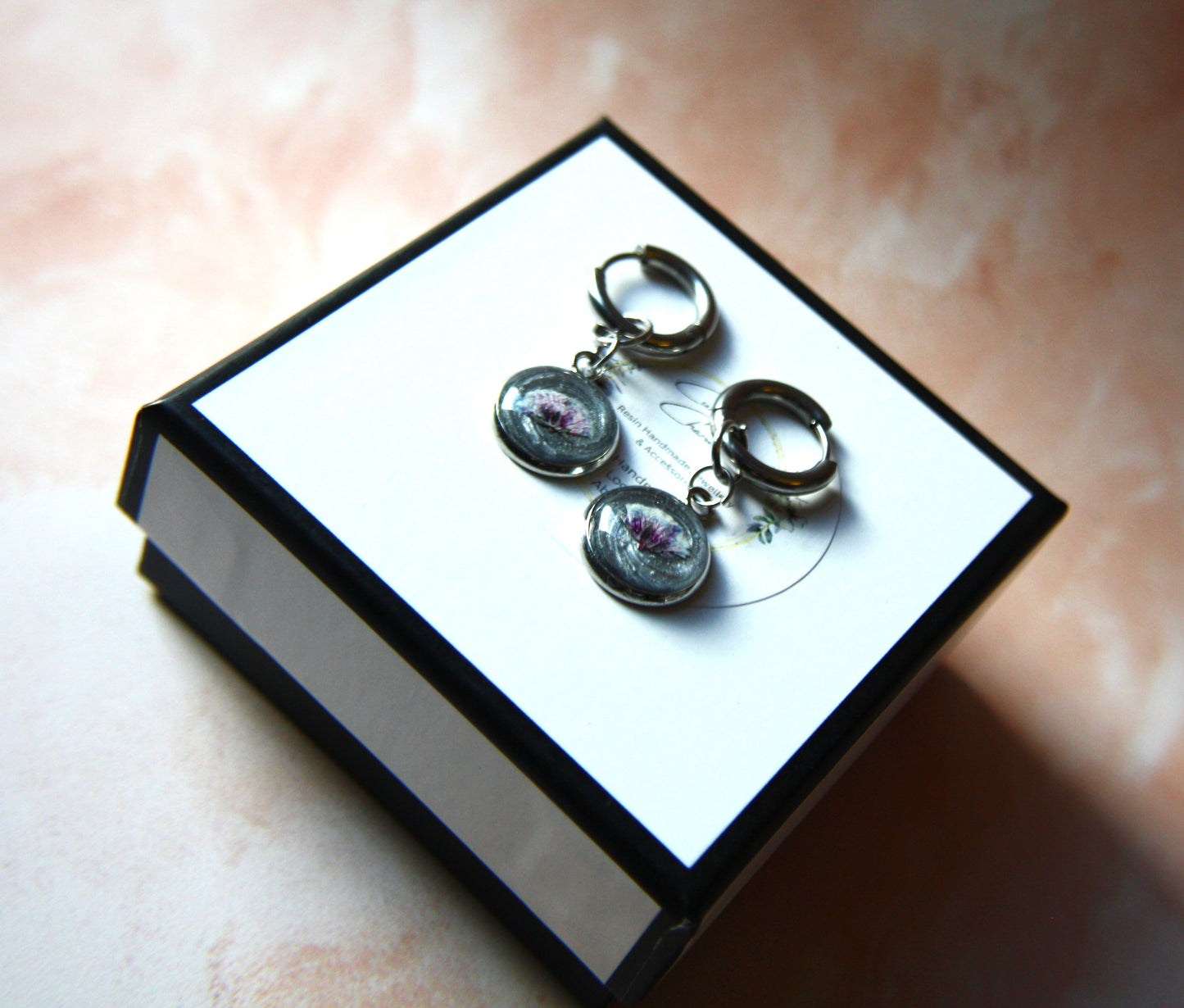 Small Side Pressed Baby's Breath Hoop Dangle Earrings