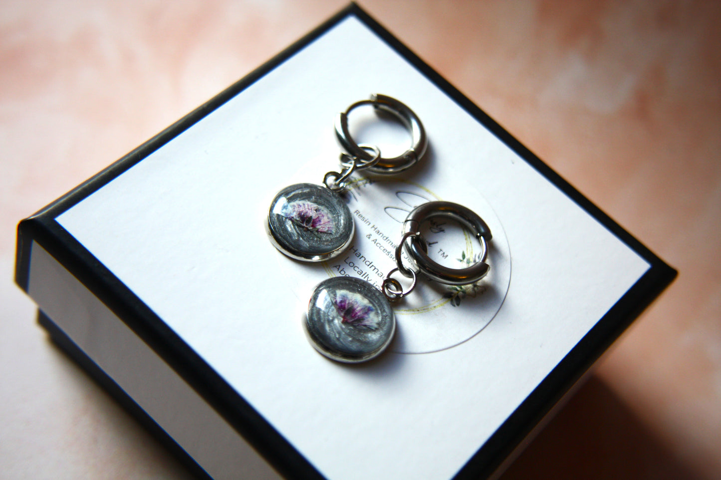 Small Side Pressed Baby's Breath Hoop Dangle Earrings